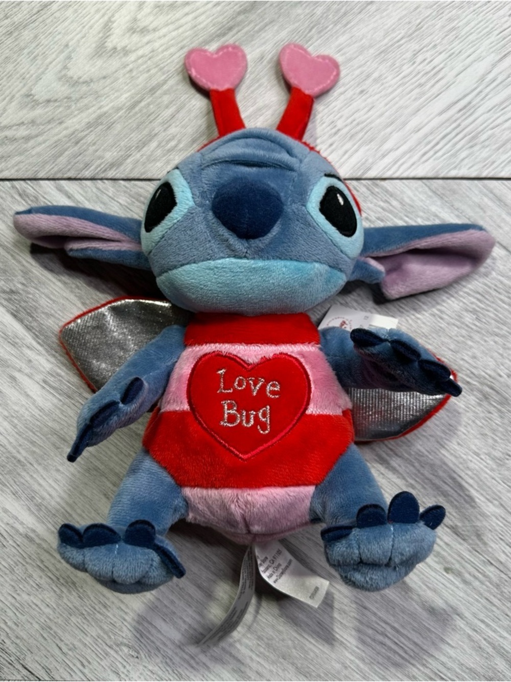 Disney Blue Stitch 'Love Bug' Plush with Red and Pink Details